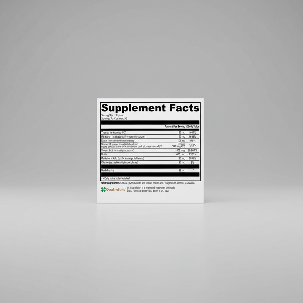 Supplement facts label with detailed nutritional information on a white background