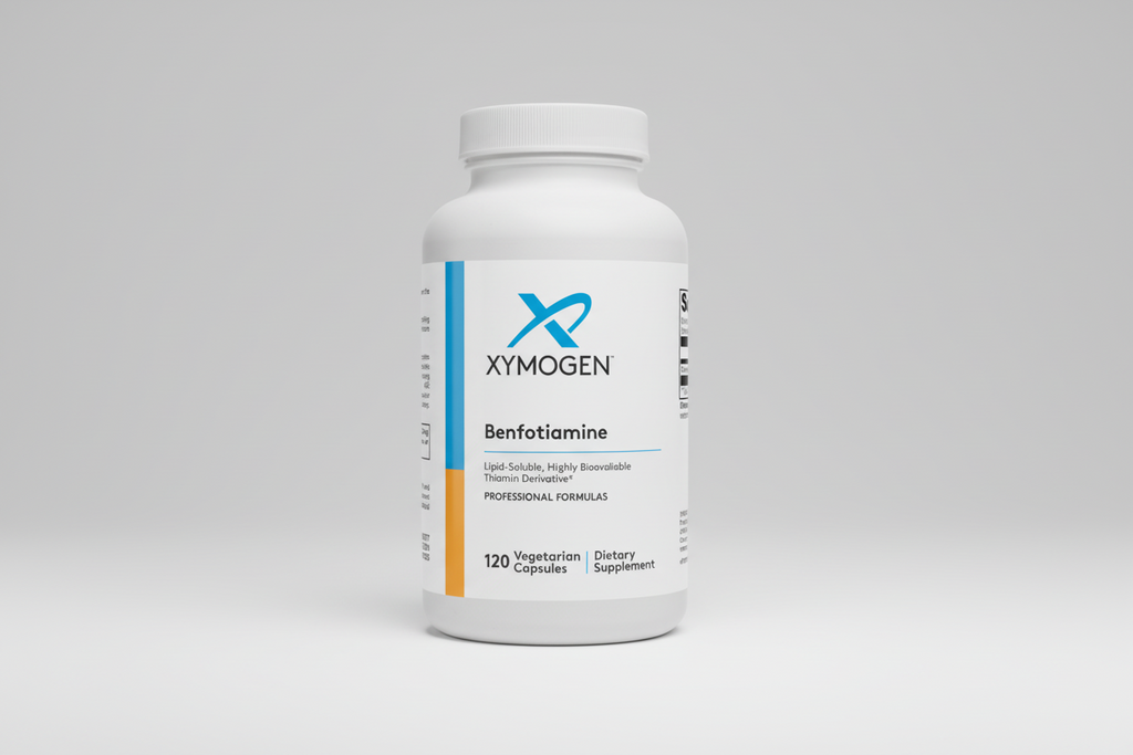 Supplement bottle labeled 'Xymogen Benfotiamine' on a white background