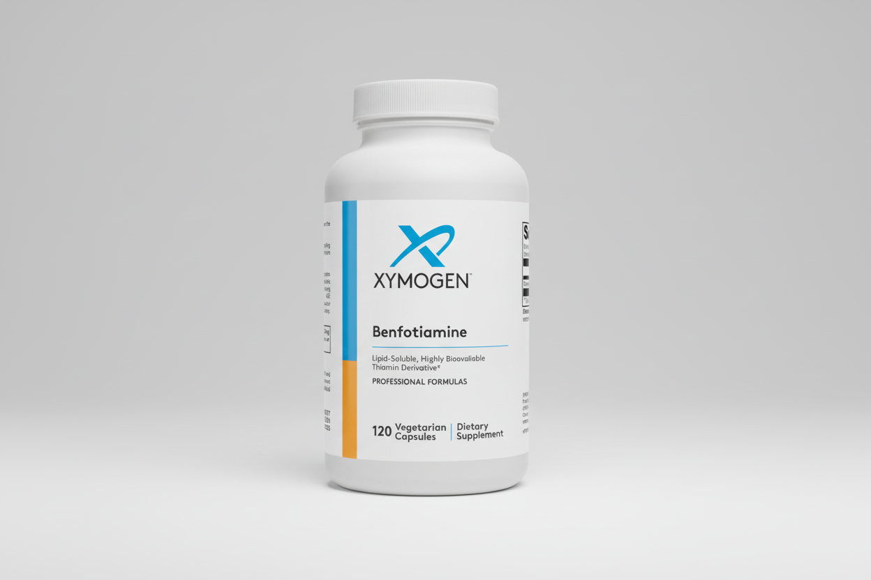 Supplement bottle labeled 'Xymogen Benfotiamine' on a white background