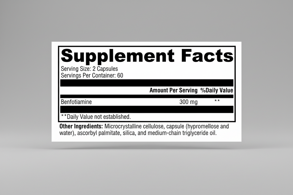 Supplement facts label with detailed nutritional information on a white background
