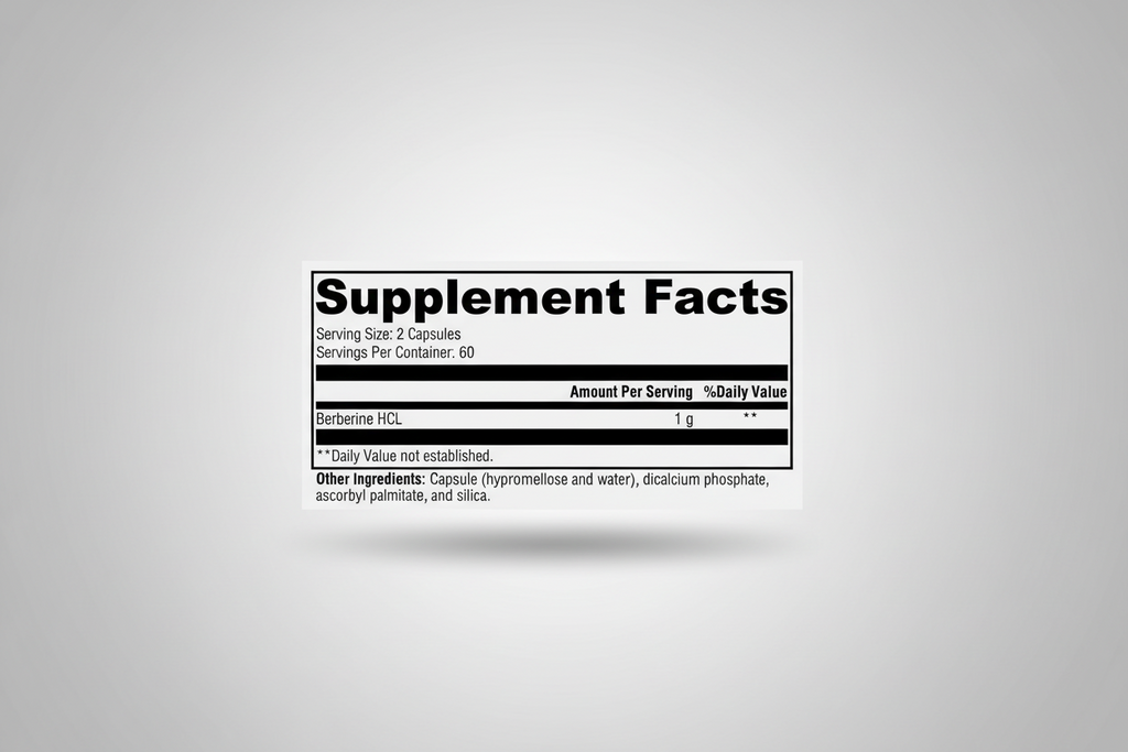 Supplement facts label with Berberine HCL on a white background