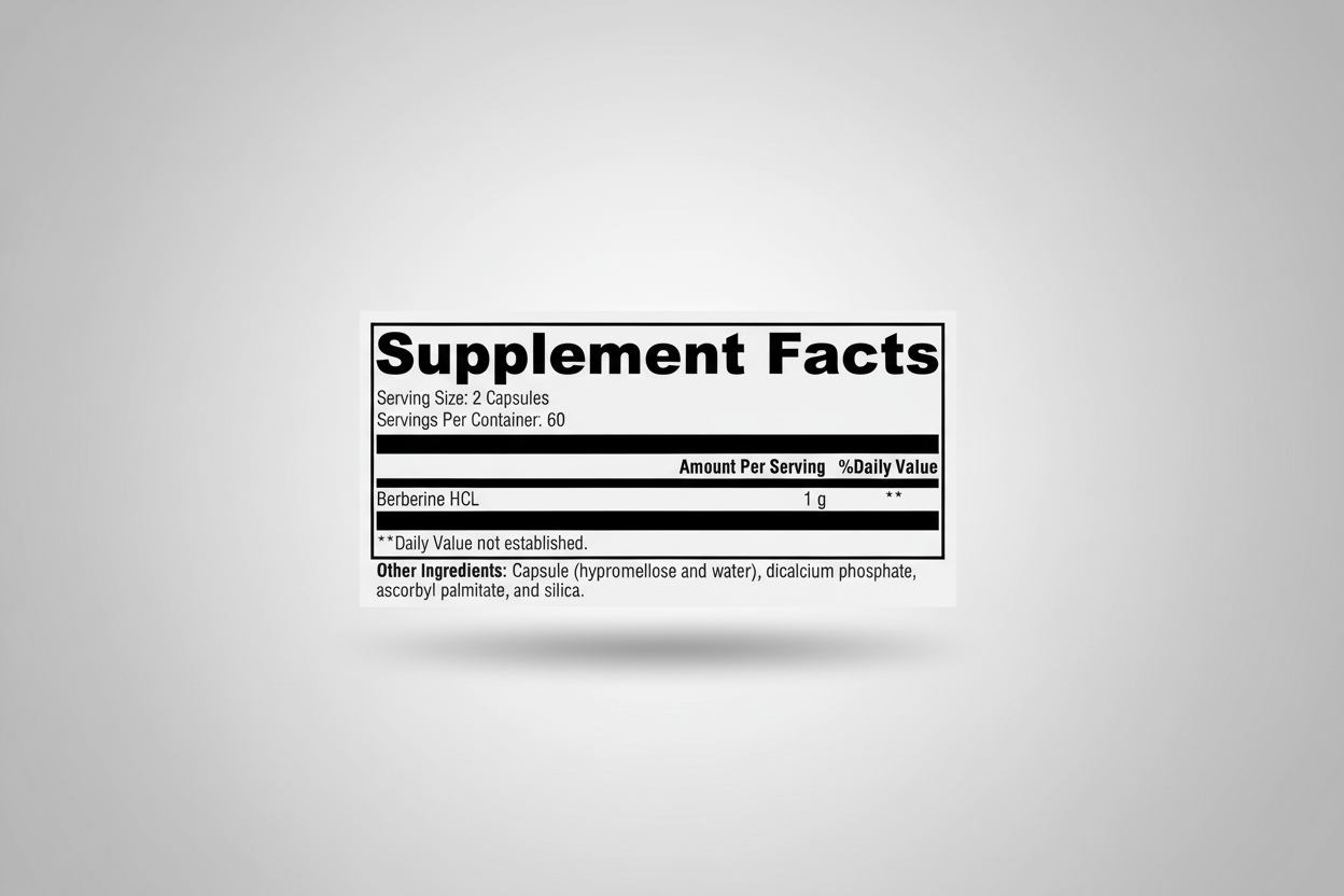 Supplement facts label with Berberine HCL on a white background