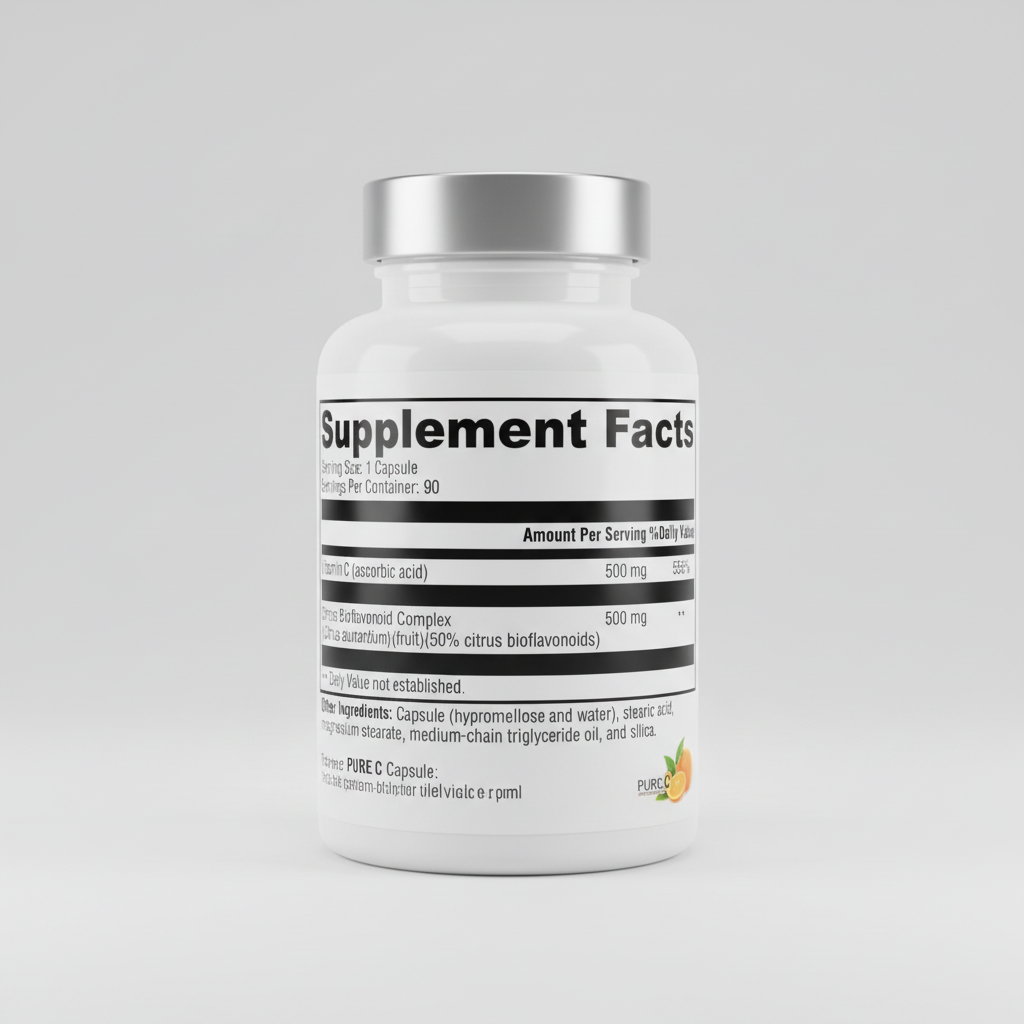 Supplement facts label with vitamin C and citrus bioflavonoid complex on a white background