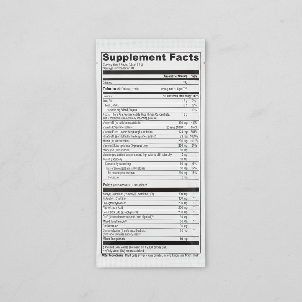 Supplement facts label with detailed nutritional information on a white background