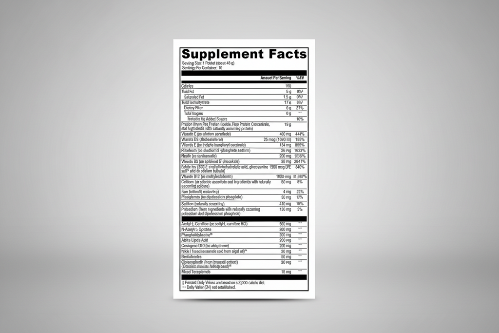 Supplement facts label with various brand logos on a white background