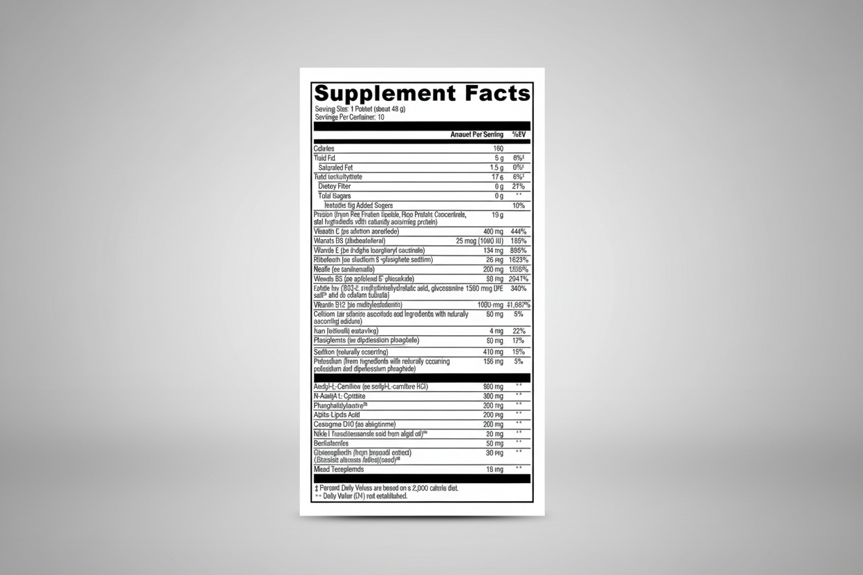Supplement facts label with various brand logos on a white background