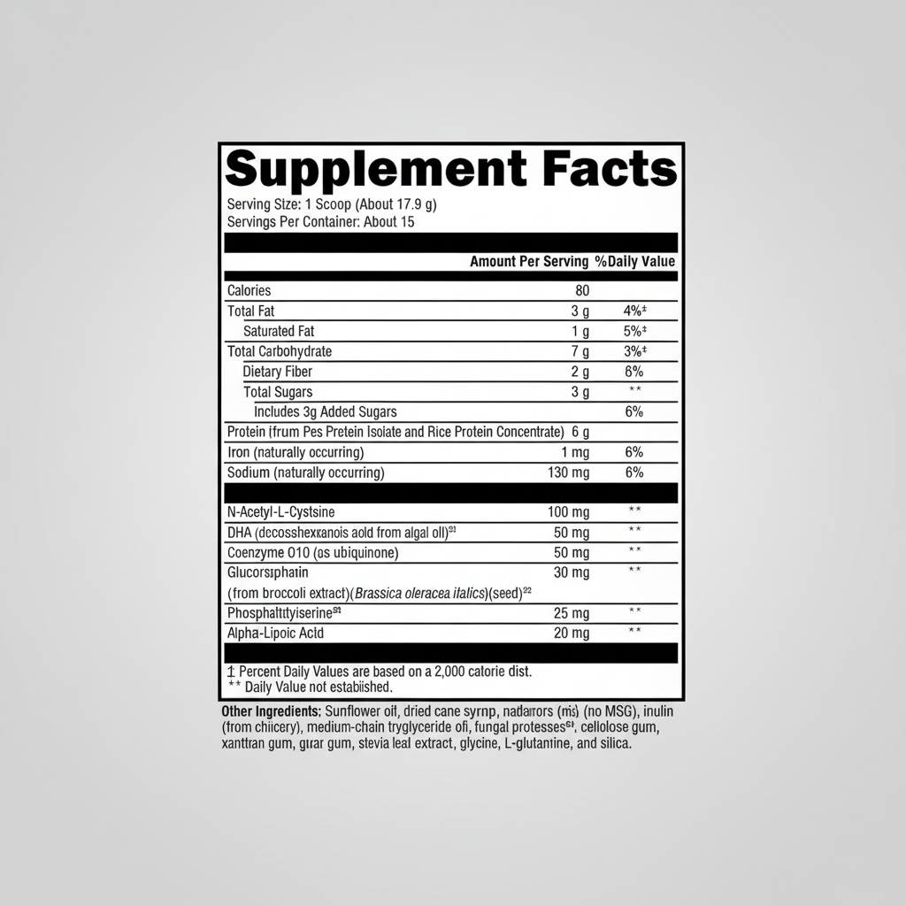 Supplement facts label with nutritional information on a white background