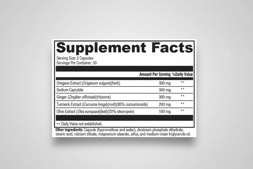 Supplement facts label with various ingredients and their amounts on a white background