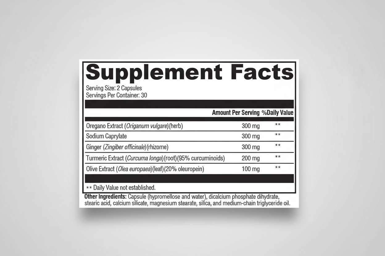 Supplement facts label with various ingredients and their amounts on a white background