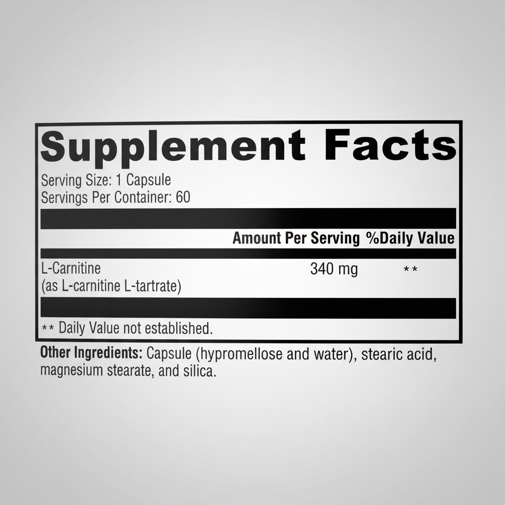 Supplement facts label with L-Carnitine content on a white background