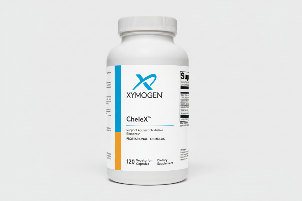Supplement bottle labeled 'Chelex' by Xymogen on a white background