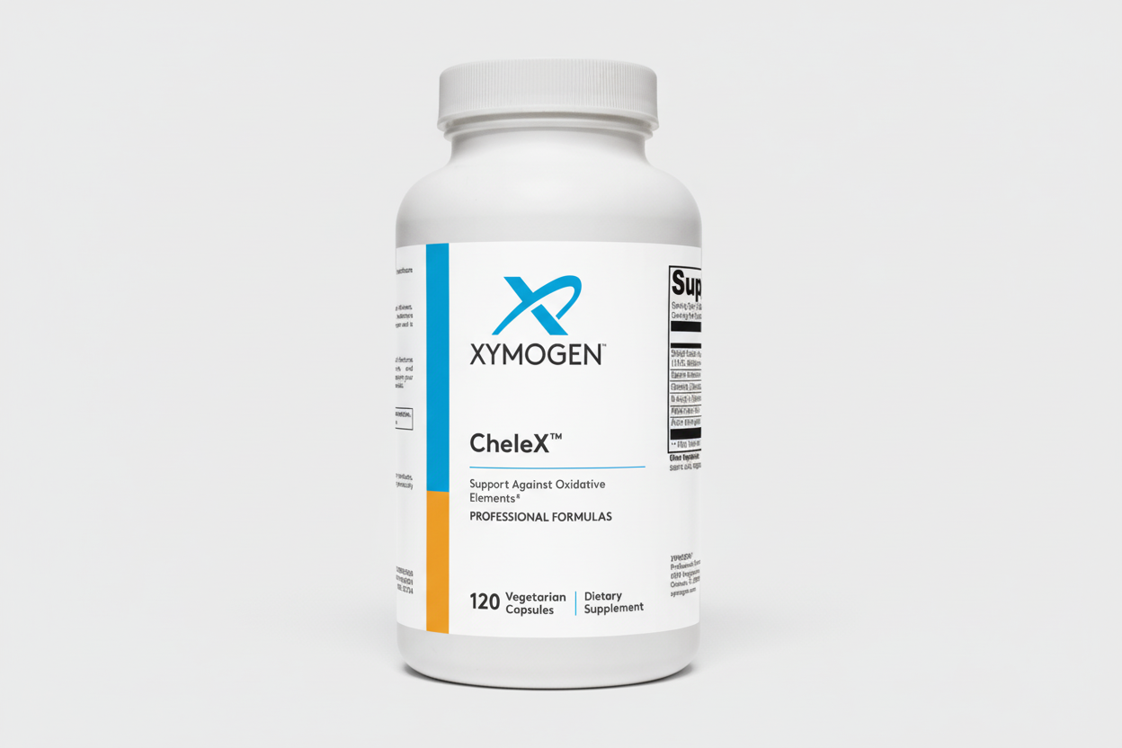 Supplement bottle labeled 'Chelex' by Xymogen on a white background