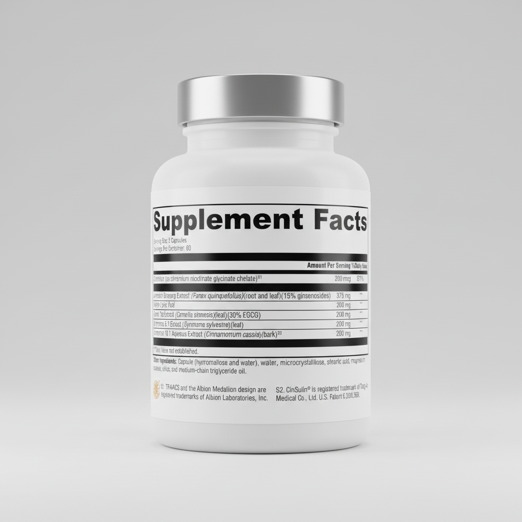 Supplement facts label with various ingredients and their amounts on a white background
