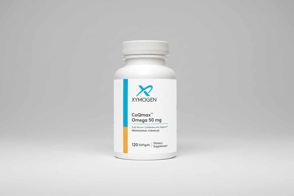 Xymogen CoQmax Omega 50 mg dietary supplement bottle on a white background
