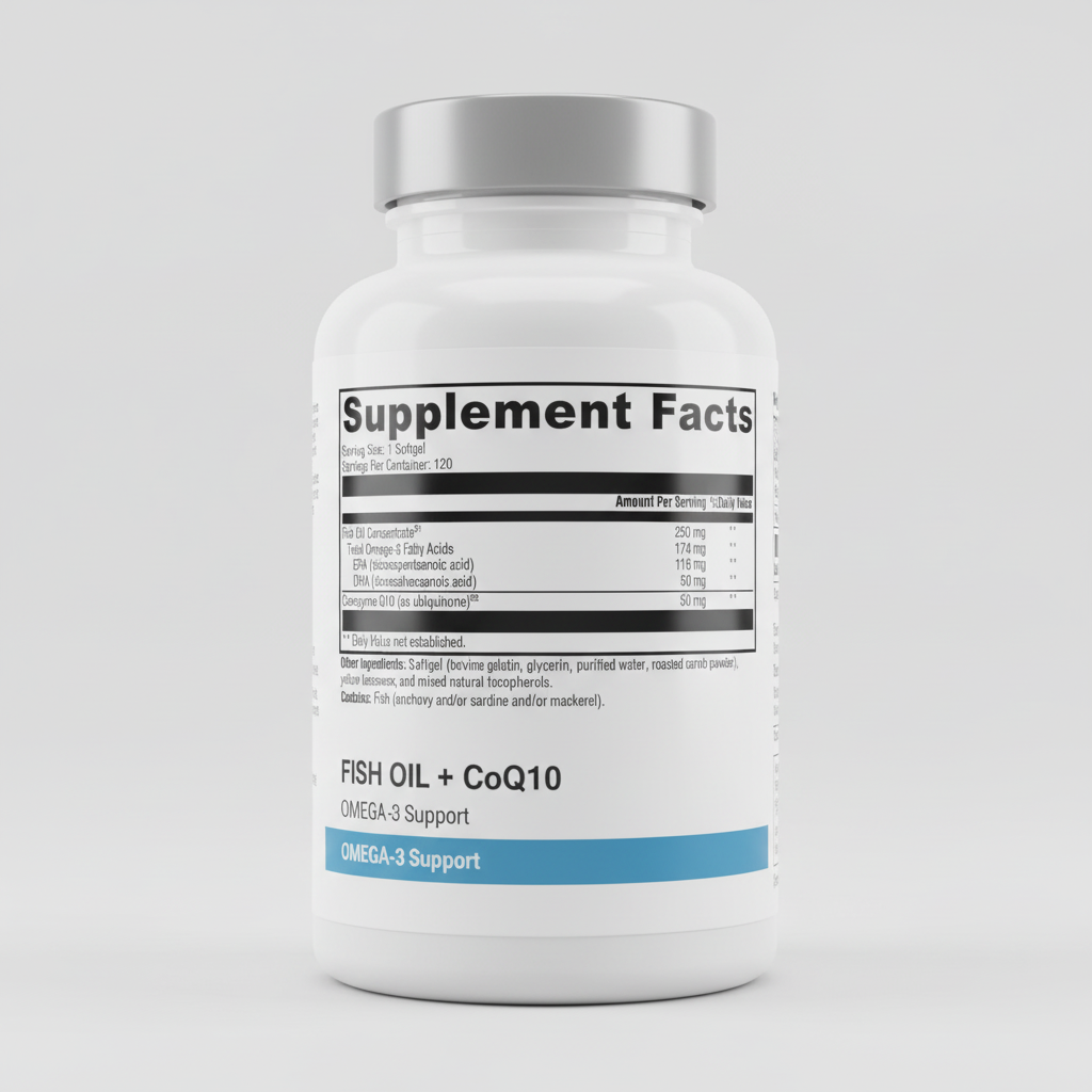 Supplement facts label for a fish oil supplement on a white background
