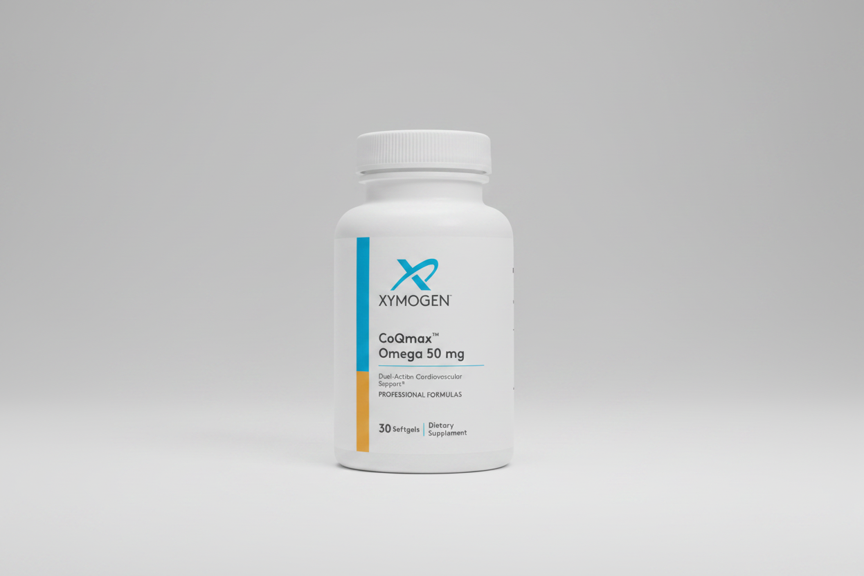 Xymogen CoQmax Omega 50 mg dietary supplement bottle on a white background