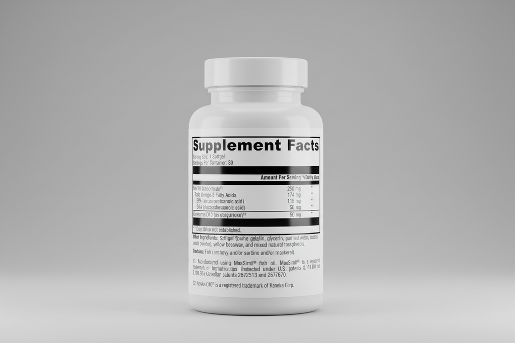 Supplement facts label for a fish oil supplement with detailed nutritional information.