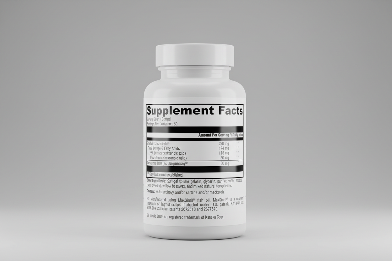 Supplement facts label for a fish oil supplement with detailed nutritional information.