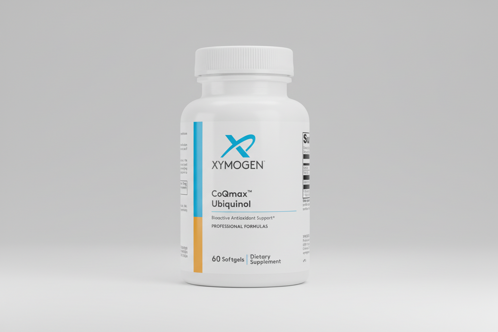 Supplement bottle labeled 'Xymogen CoQmax Ubiquinol' on a white background