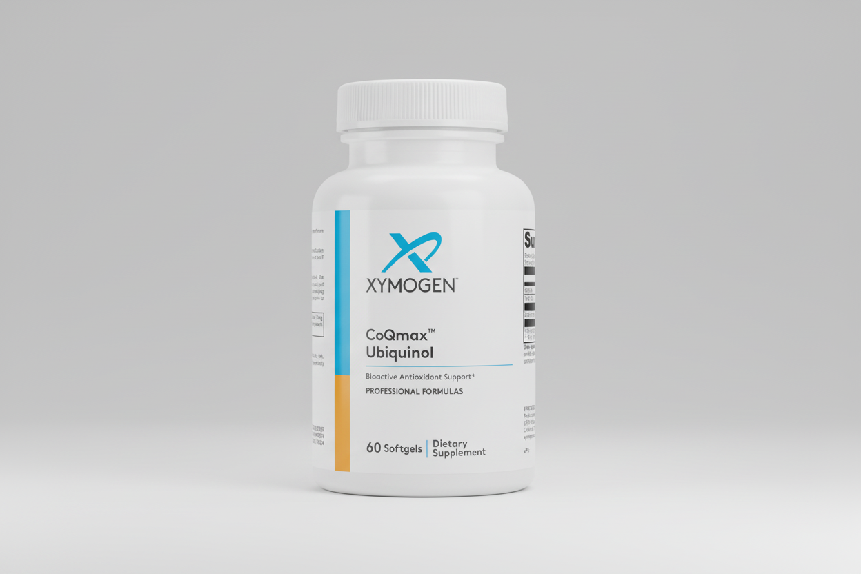 Supplement bottle labeled 'Xymogen CoQmax Ubiquinol' on a white background