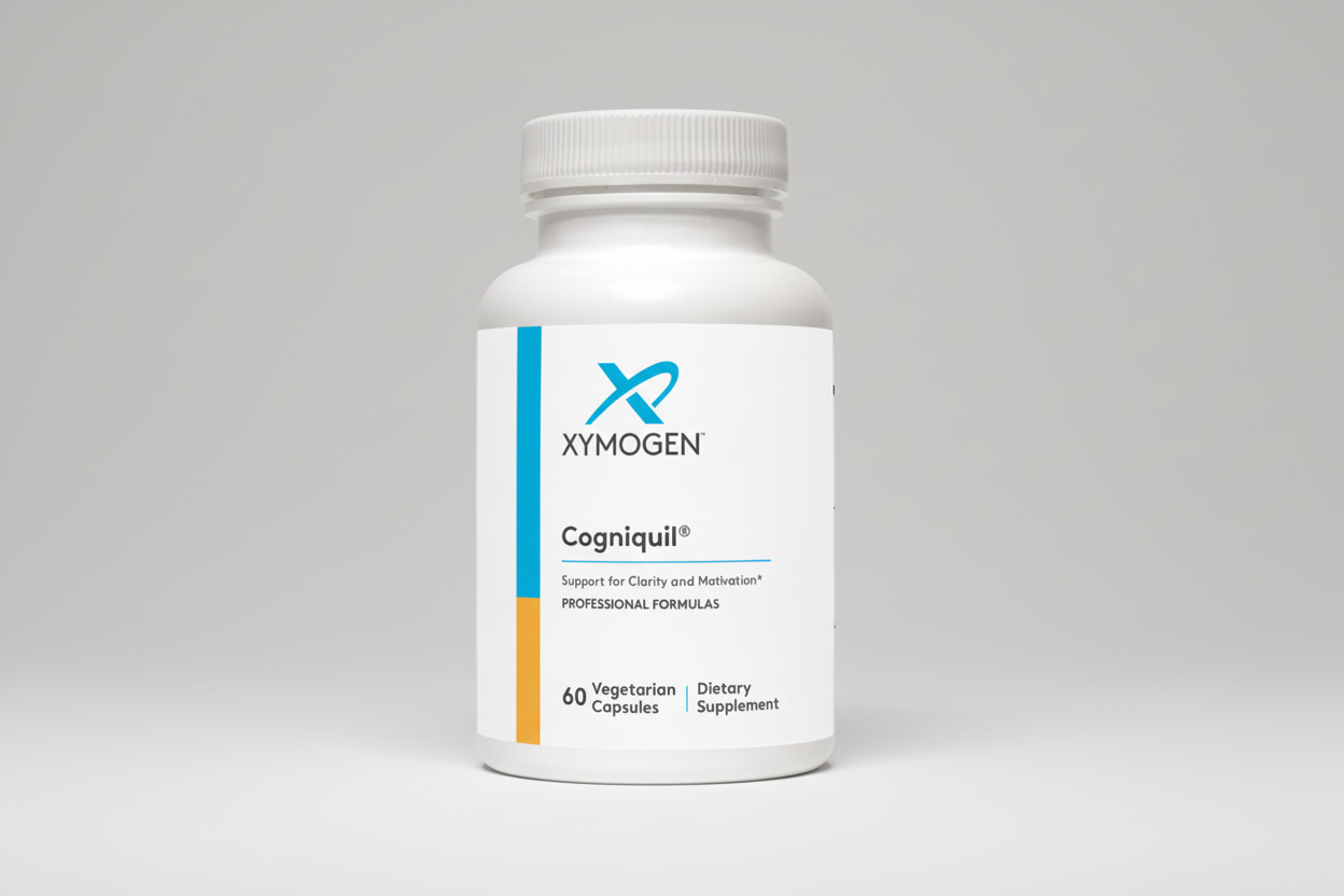 Supplement bottle labeled 'Cogniquil' by Xymogen on a white background