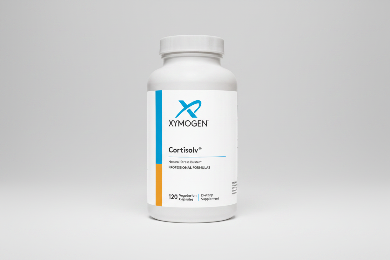 Xymogen Cortisolv dietary supplement bottle on a white background