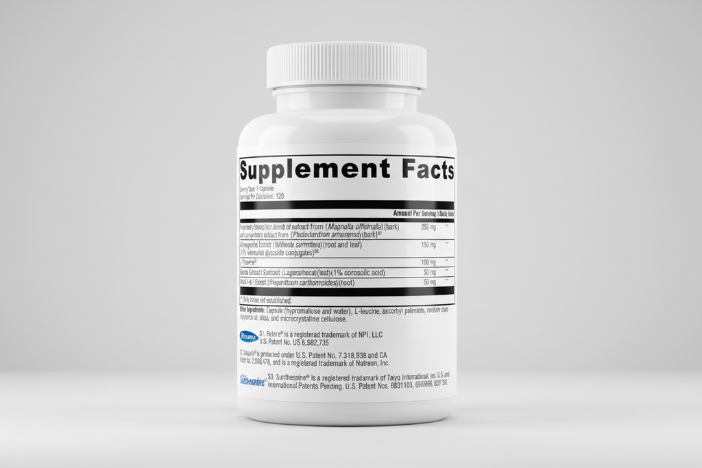 Supplement facts label with various ingredients and their amounts on a white background