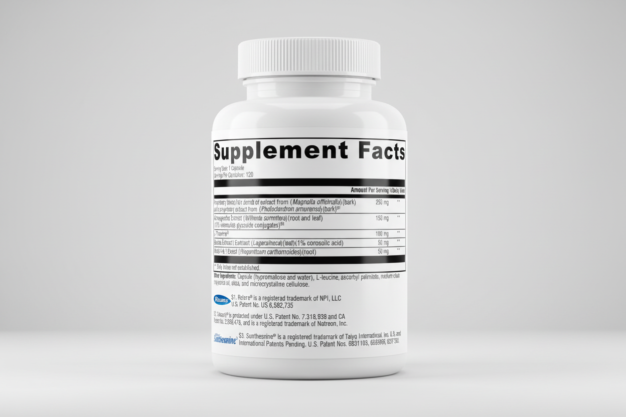 Supplement facts label with various ingredients and their amounts on a white background