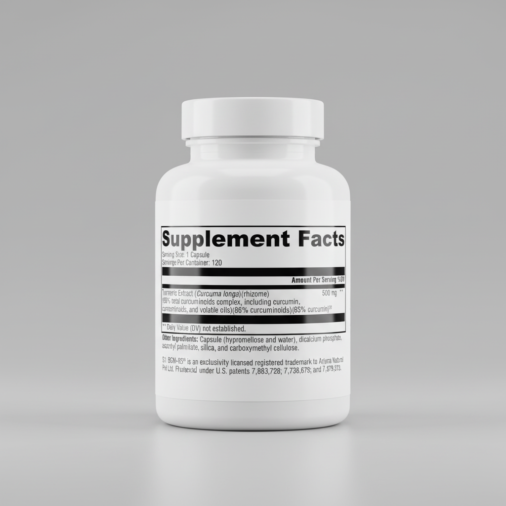 Supplement facts label for a product with turmeric extract on a white background