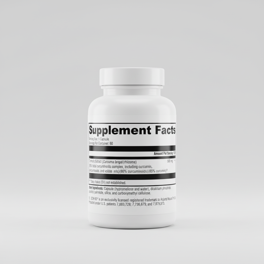 Supplement facts label for a turmeric extract capsule on a white background