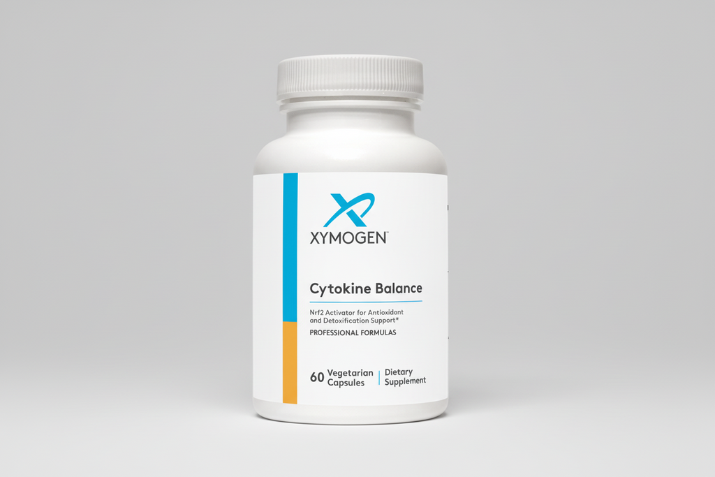 Supplement bottle labeled 'Xymogen Cytokine Balance' on a white background