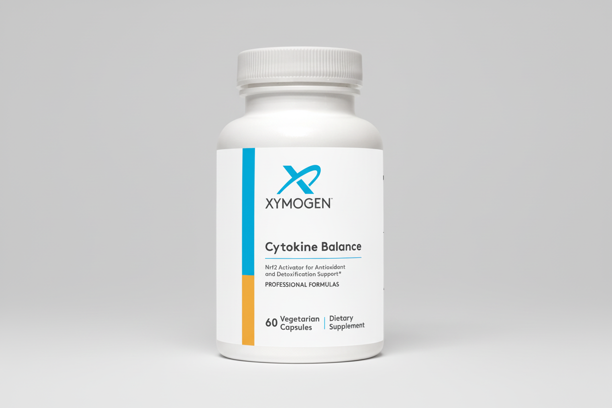 Supplement bottle labeled 'Xymogen Cytokine Balance' on a white background