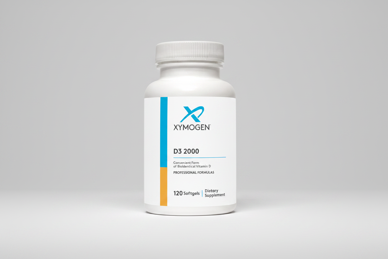 Xymogen D3 2000 dietary supplement bottle on a white background