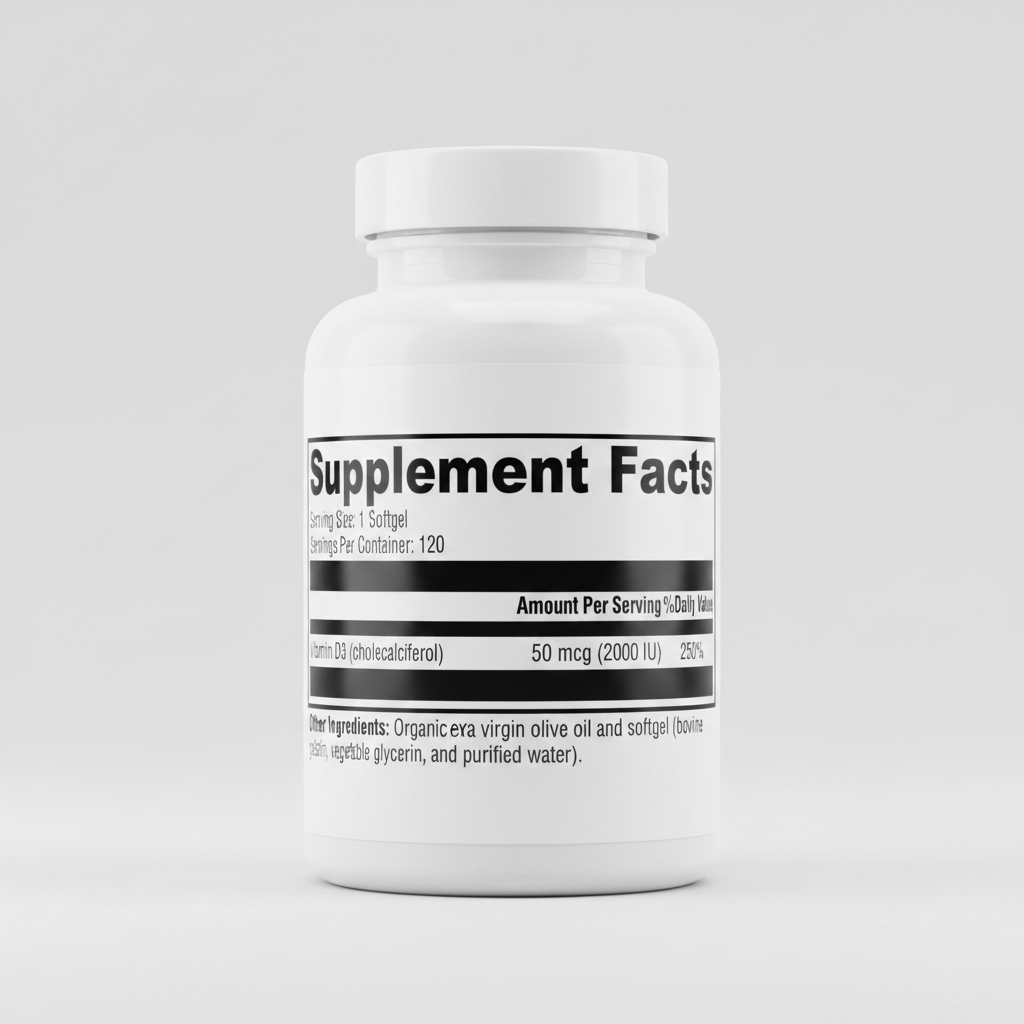 Supplement facts label with vitamin D3 information on a white background