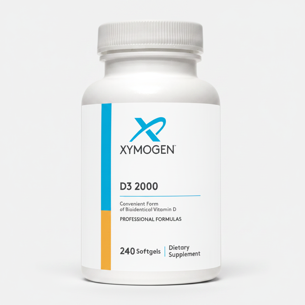 Supplement bottle labeled 'Xymogen D3 2000' on a white background