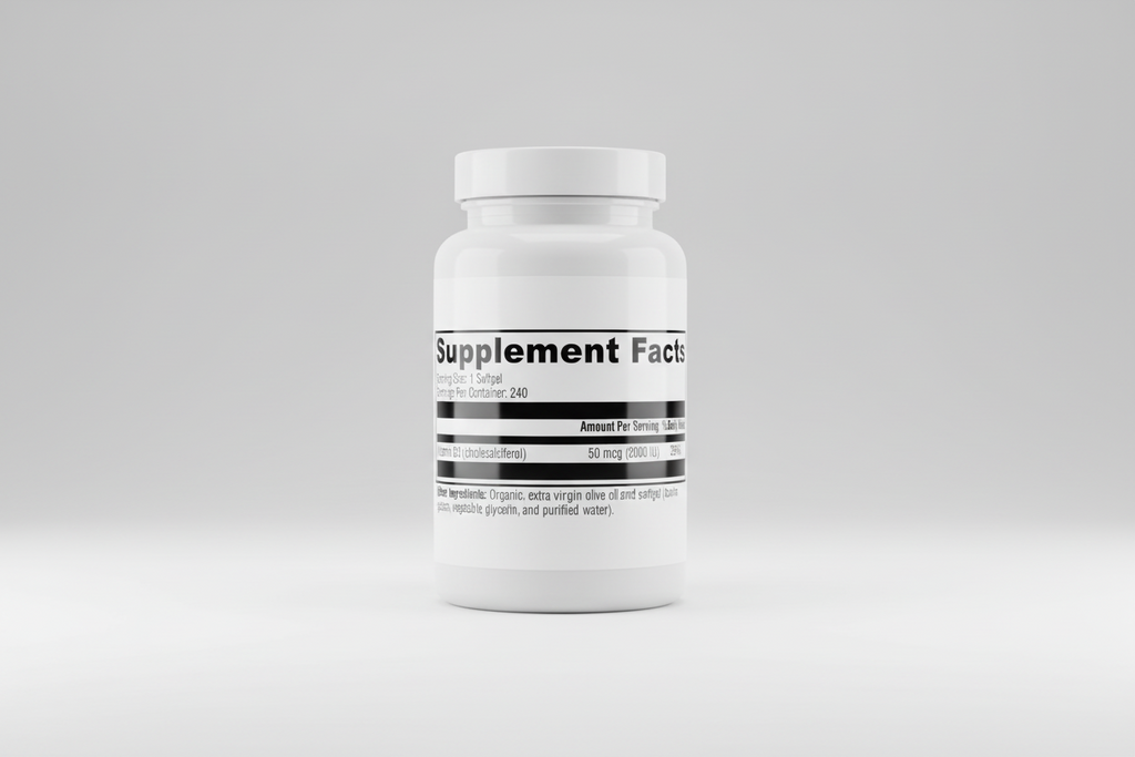 Supplement facts label with vitamin D3 information on a white background