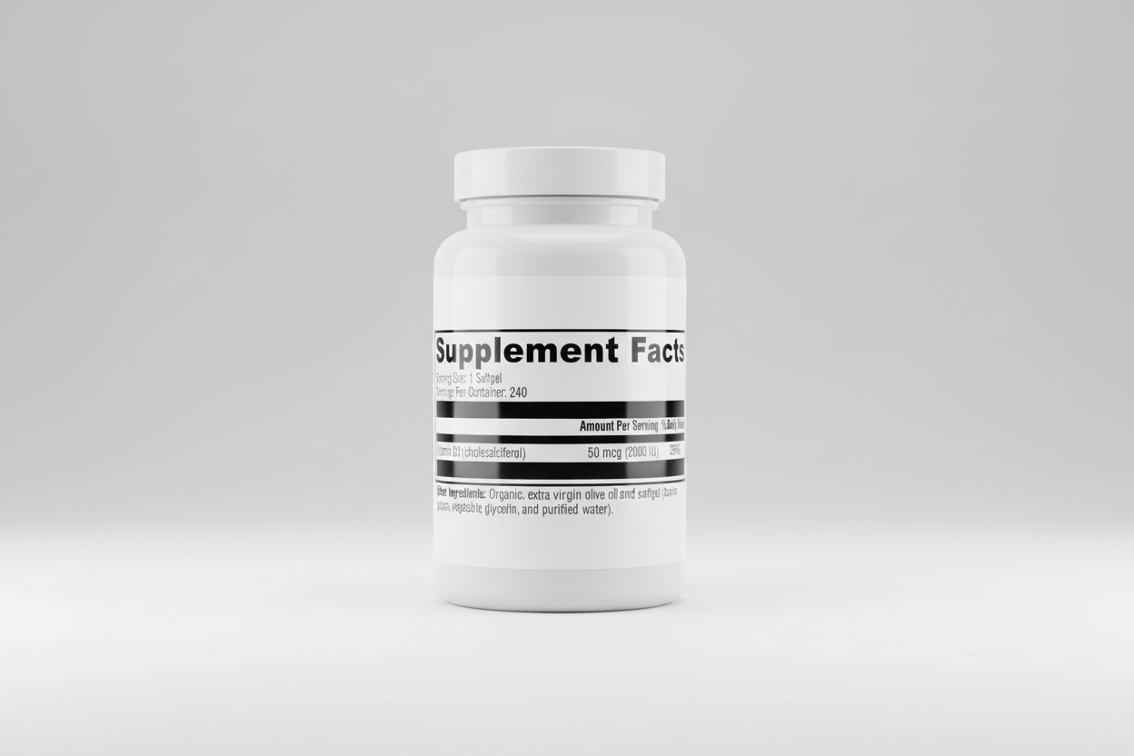 Supplement facts label with vitamin D3 information on a white background
