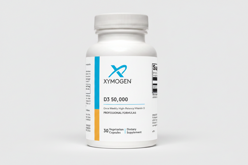 Xymogen D3 50,000 dietary supplement bottle on a white background