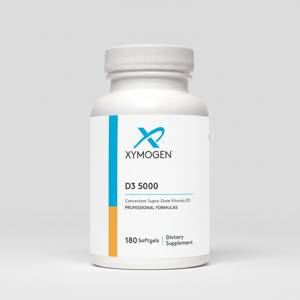 Xymogen D3 5000 dietary supplement bottle on a white background