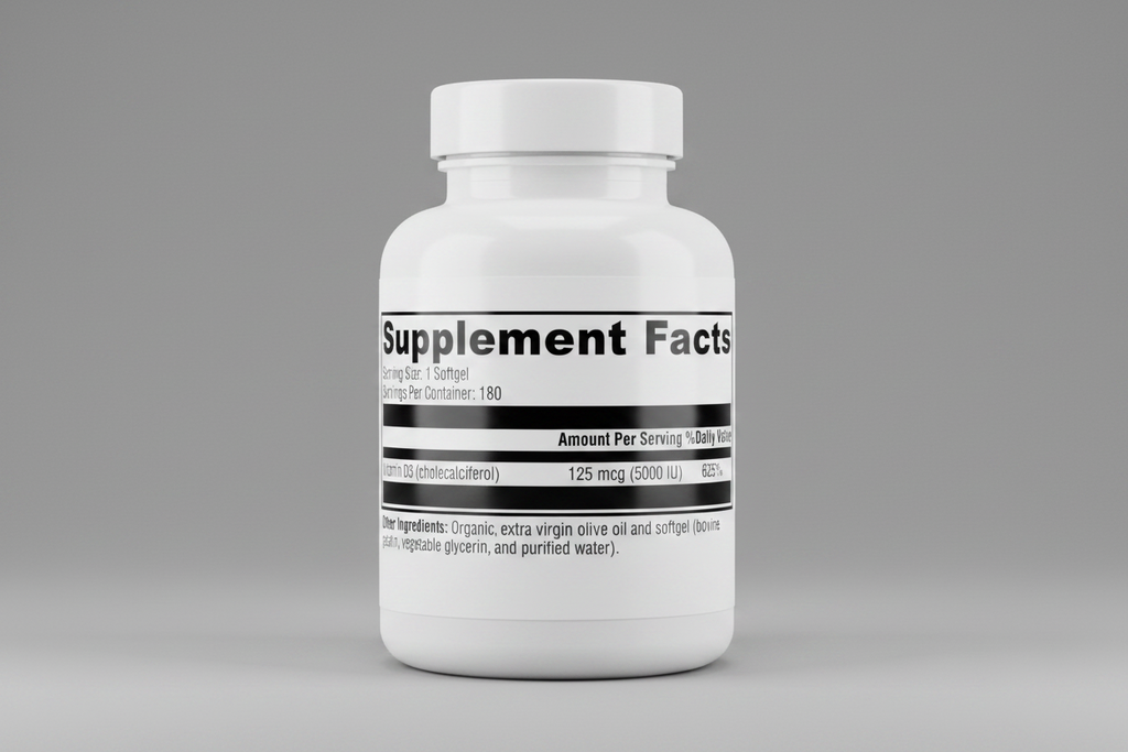 Supplement facts label with vitamin D3 information on a white background