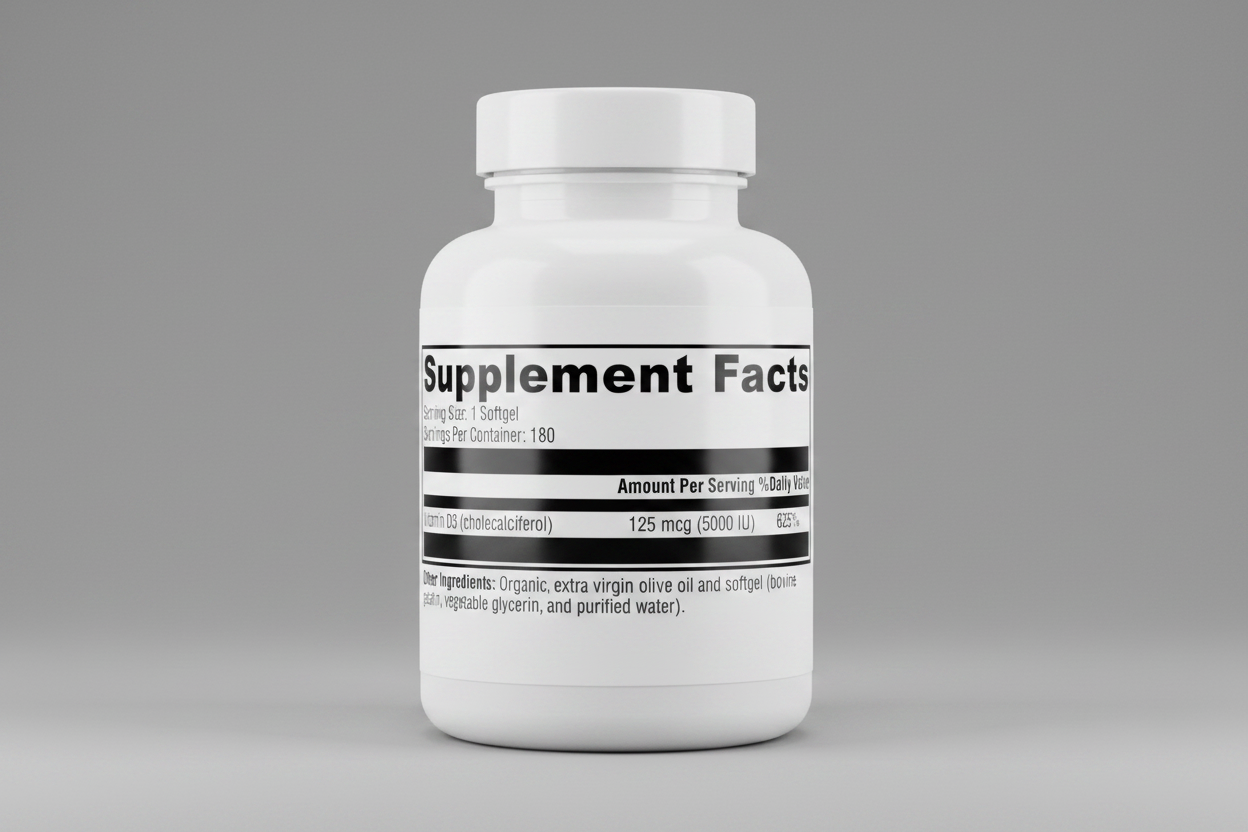 Supplement facts label with vitamin D3 information on a white background