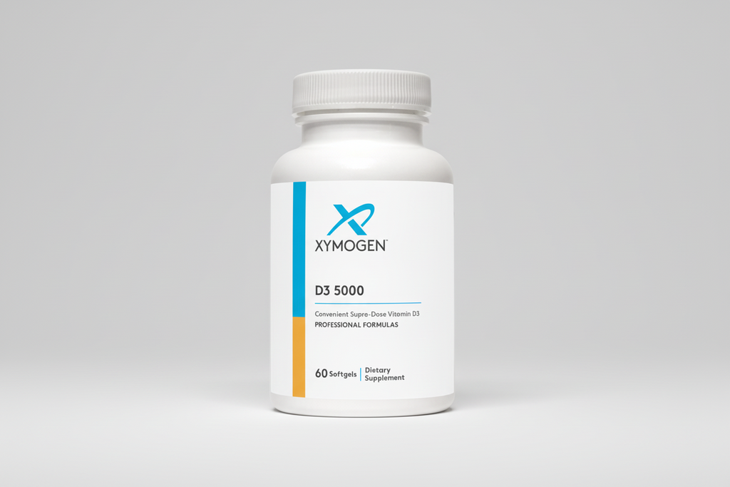 Supplement bottle labeled 'Xymogen D3 5000' on a white background