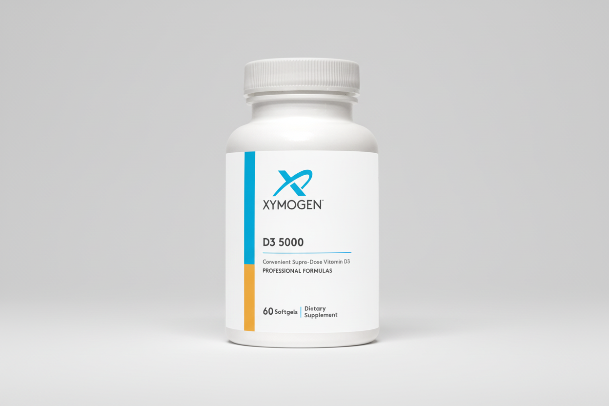 Supplement bottle labeled 'Xymogen D3 5000' on a white background