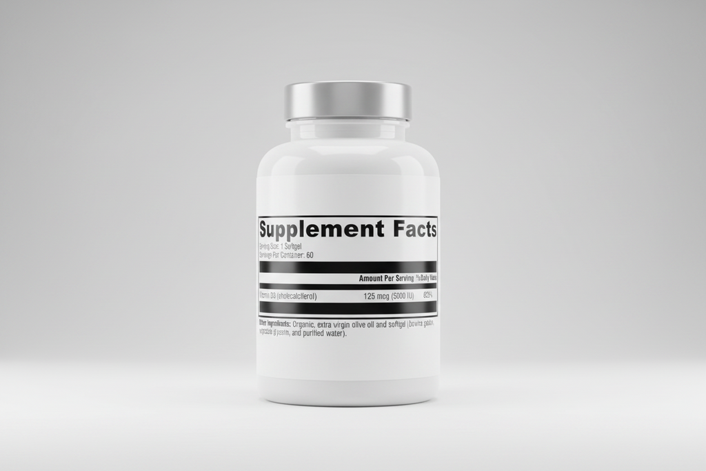 Supplement facts label with vitamin D3 information on a white background
