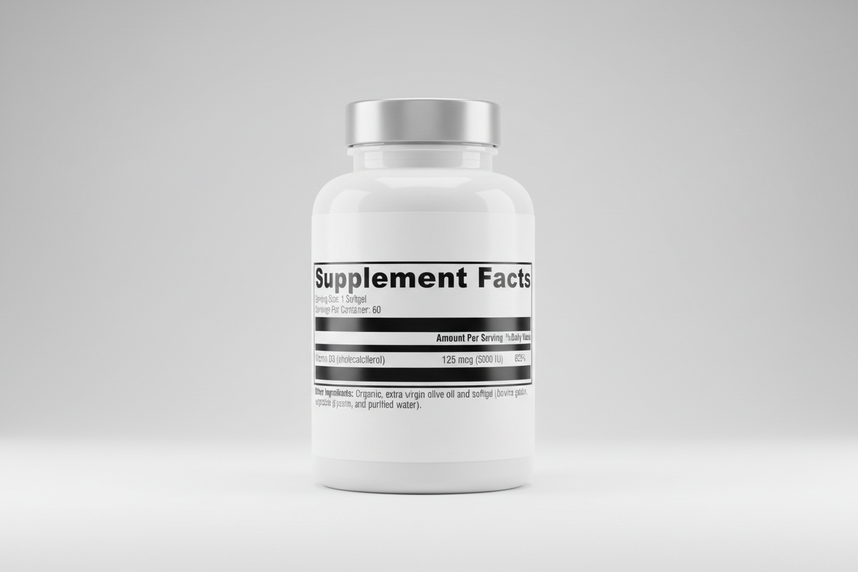 Supplement facts label with vitamin D3 information on a white background