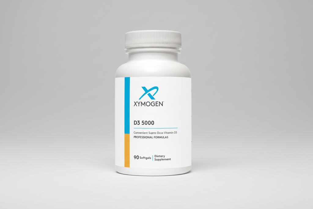 Supplement bottle labeled 'Xymogen D3 5000' on a white background