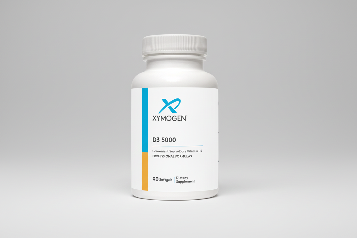 Supplement bottle labeled 'Xymogen D3 5000' on a white background