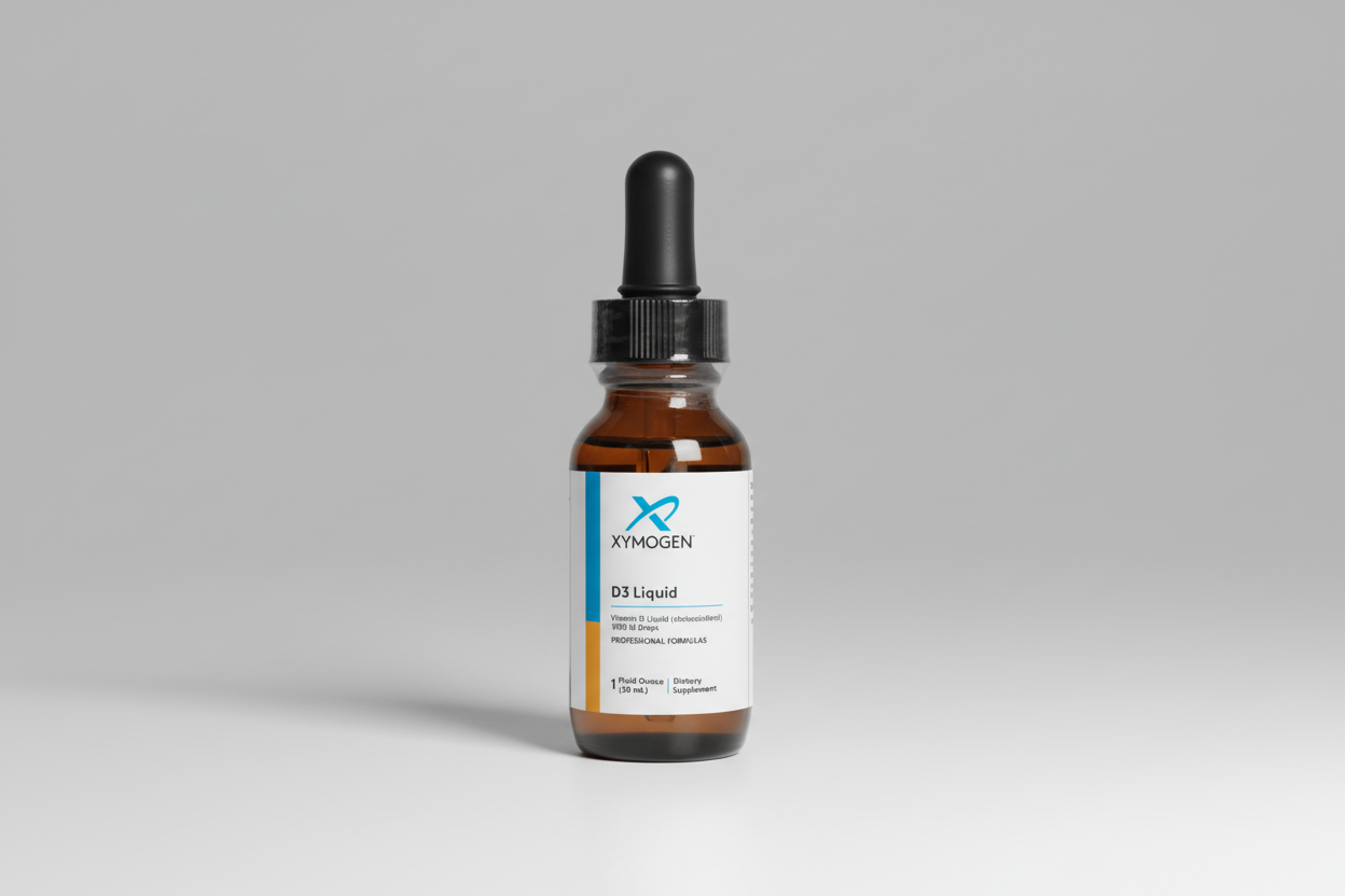 Bottle of Xymogen D3 Liquid on a white background