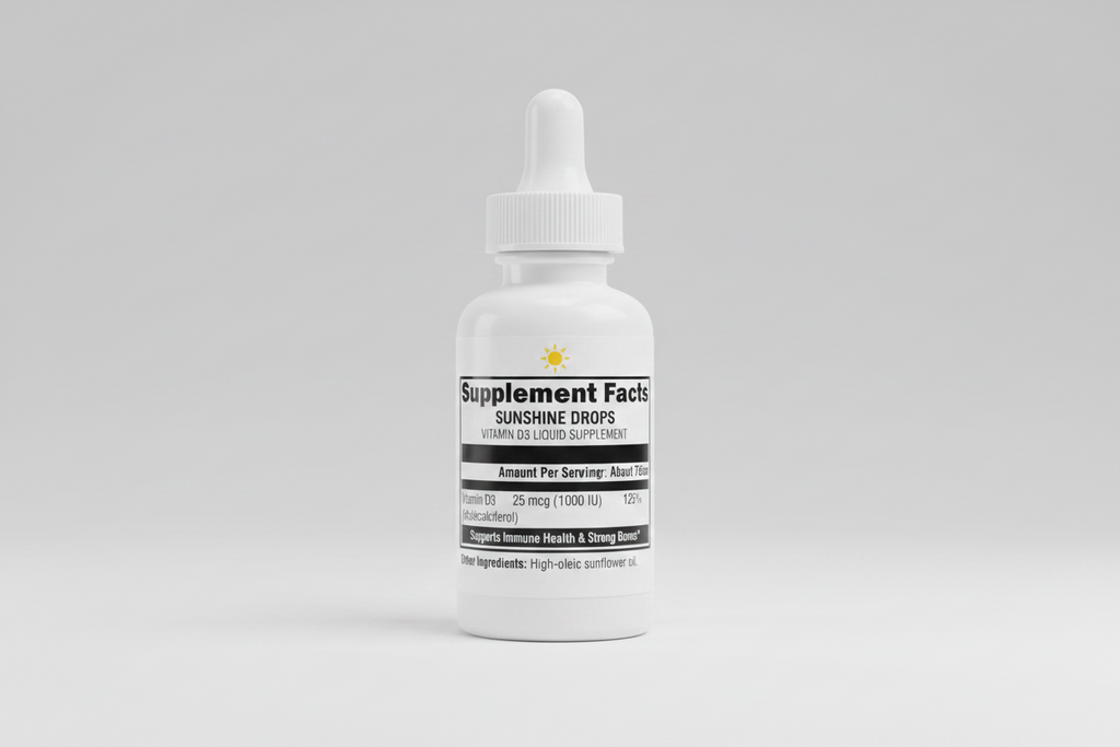 Supplement facts label for Vitamin D3 with serving size and container details.