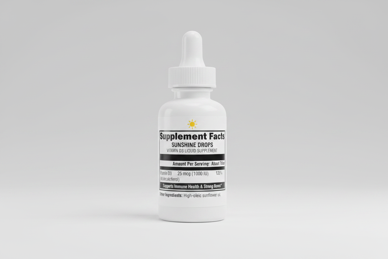 Supplement facts label for Vitamin D3 with serving size and container details.